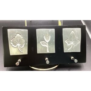 Black Silver Wall Key Holder w/ Hooks Leaf Impressions Metal 7.25x3.5" Decor